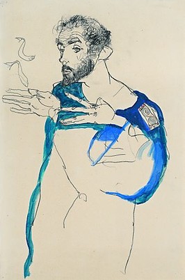 Egon Schiele, Gustav Klimt im blauen Malerkittel, 1913 Privatbesitz