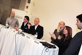 BILD zu OTS - Diskussionsteilnehmer des zweiten Panels: Helge Fahrnberger (kobuk), Christian Rainer (profil), Moderator Franz Bauer (Presserat),  ...