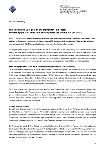 LGT Medienpreis 2015 geht an Eva Steindorfer – Die Presse