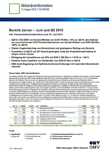OMV Ergebnis: Bericht Jänner - Juni und Q2 2015