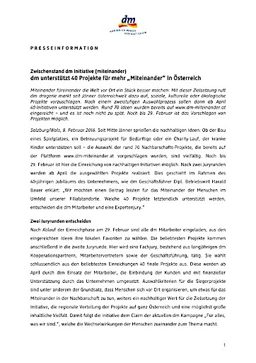 dm unterstützt 40 Projekte für mehr „Miteinander“ in Österreich