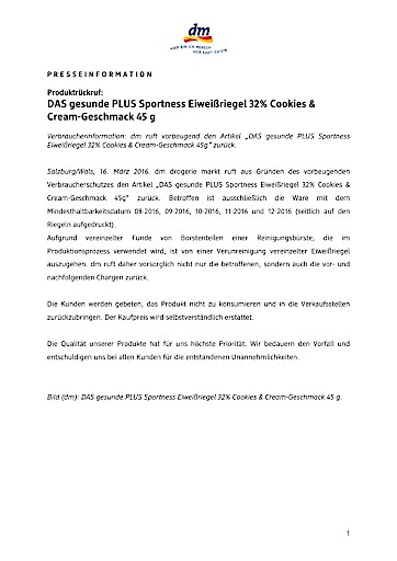 Verbraucherinformation Ruckruf Das Gesunde Plus Sportness Eiweissriegel 32 Cookies Cream Geschmack 45 G Dm Drogerie Markt Gmbh 16 03 16