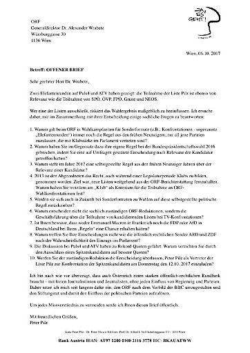 Liste Pilz: Offener Brief an Alexander Wrabetz