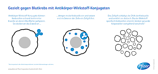 Eine neu zugelassene Therapie von Pfizer bringt Patienten mit akuter myeloischer Leukämie (AML) neue Hoffnung. Das Medikament (ein sogenanntes Antikörper-Wirkstoff-Konjugat) basiert auf einem Wirkmechanismus, der gezielt gegen Krebszellen vorgeht. Wirkmechanismus vereinfacht in Infografik dargestellt.