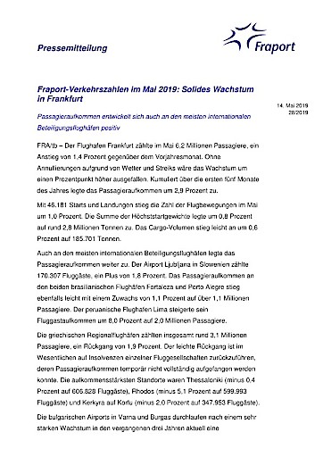 Fraport-Verkehrszahlen im Mai 2019: Solides Wachstum in Frankfurt