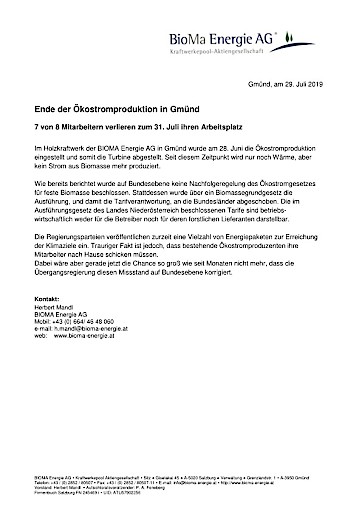 Ende der Ökostromproduktion in Gmünd