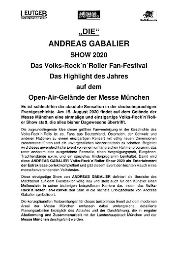 „DIE“ ANDREAS GABALIER SHOW 2020 - Das Volks-Rock´n´Roller Fan-Festival