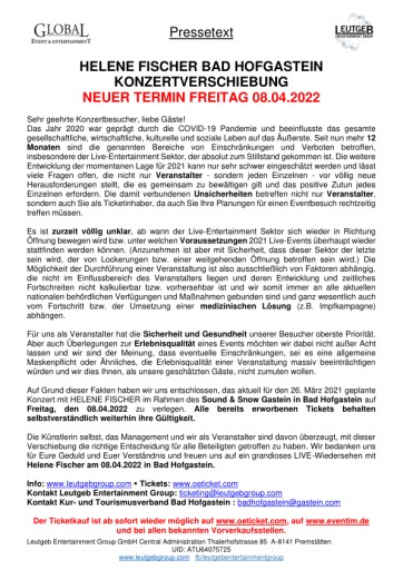 HELENE FISCHER Bad Hofgastein KONZERTVERSCHIEBUNG auf 2022